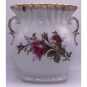 Vintage Tilso Vase Moss Rose 24KT Gold Trim Ornate Handle Ruffle Edge Japan